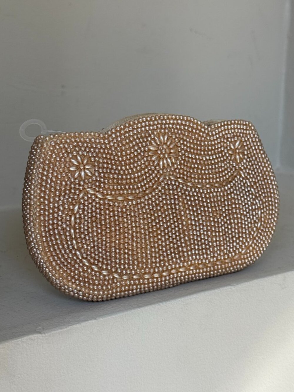 Vintage 1950s Japan Pearl Beaded Clutch Floral Bridal Evening Bag
